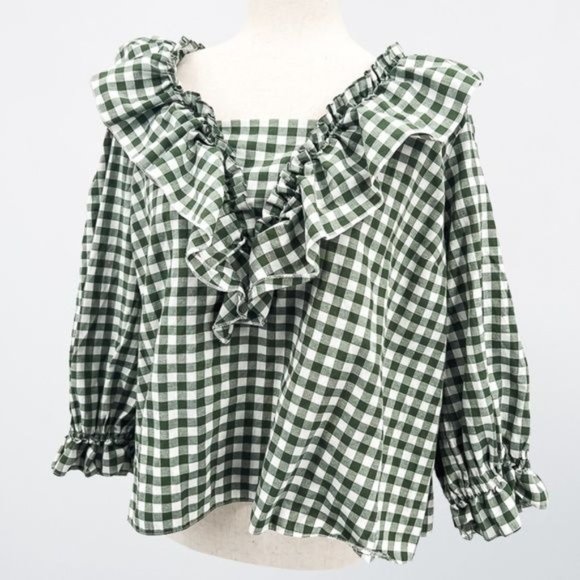 ASOS Tops - ASOS Design Green Gingham Ruffle Cottage Core Open Back Top - 14